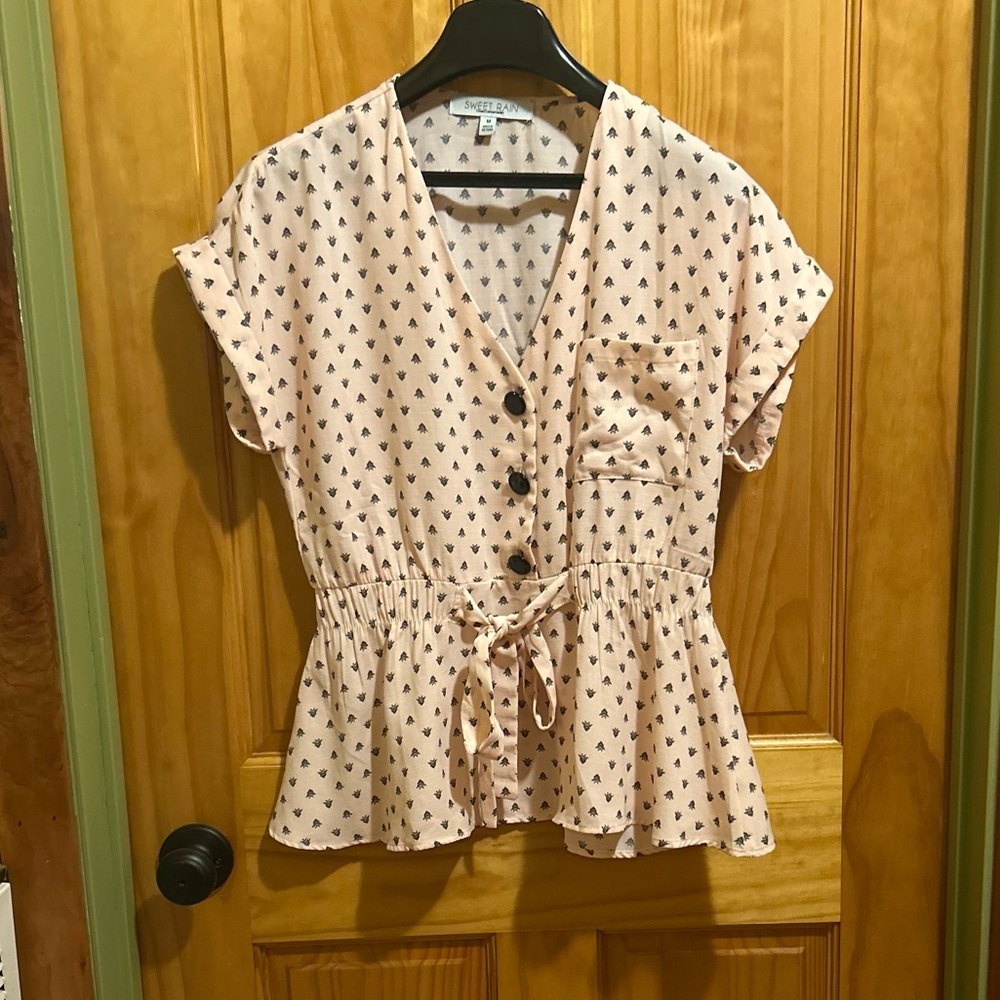 Sweet Rain Pink Patterned Button-Down Blouse - image 1